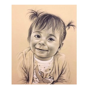 Süßes handgezeichnetes Kinderporträt eines lächelnden Mädchens mit Zöpfen von Ferhat Tursun.