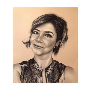 Realistische Porträtzeichnung einer Frau mit Kurzhaarfrisur, handgefertigt von Ferhat Tursun.