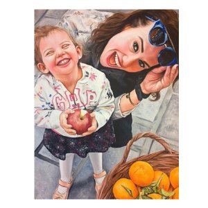 Farbenfrohes Mutter-Tochter-Porträt als Ölgemälde auf Leinwand, handgemalt von Ferhat Tursun.