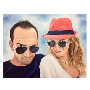 Modernes Doppelporträt in Öl: Handgemaltes Gemälde eines Paares mit Hut und Sonnenbrille von Ferhat Tursun.