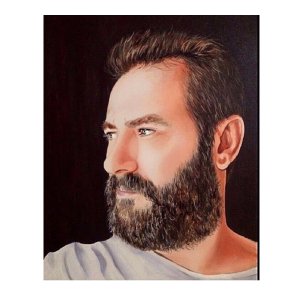 Charaktervolles Männerporträt in Öl auf schwarzem Hintergrund, handgemalt nach Fotovorlage von Ferhat Tursun.