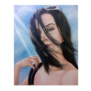 Modernes Frauenporträt in Öl auf Leinwand mit dynamischen Lichteffekten, handgemalt von Ferhat Tursun.