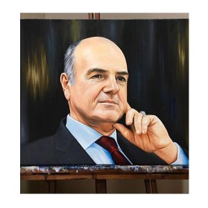 Klassisches Herrenporträt in Öl auf Staffelei: Handgemaltes Ölgemälde eines nachdenklichen Mannes von Ferhat Tursun.