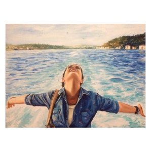 Künstlerisches Ölporträt einer Frau vor dem Meer mit Wellen, handgemalt von Ferhat Tursun nach Fotovorlage.