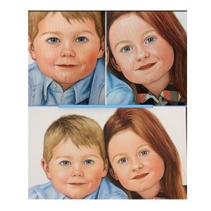 Detailreiche Kinderporträts als Ölgemälde: Handgemalte Doppelstudie von Ferhat Tursun nach Fotovorlage.