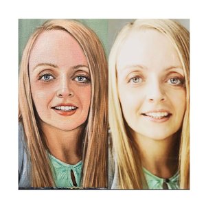 Vergleich zwischen Fotovorlage und handgemaltem Ölporträt einer Frau von Ferhat Tursun.