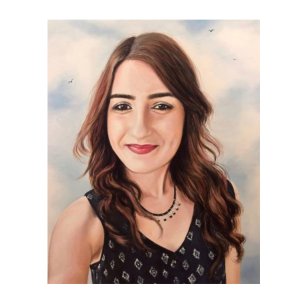 Handgemaltes Ölporträt einer Frau mit lockigem Haar nach Fotovorlage von Ferhat Tursun.