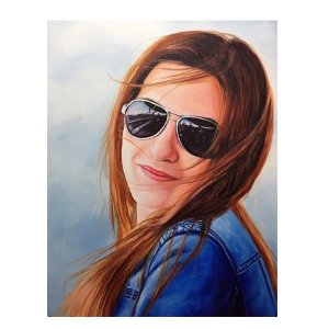 Modernes Frauenporträt in Öl mit Sonnenbrille und fliegenden Haaren, handgemalt von Ferhat Tursun nach Fotovorlage.