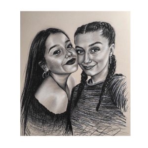 Handgezeichnetes Doppelporträt von zwei Freundinnen in Bleistift von Ferhat Tursun.