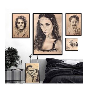 Verschiedene handgezeichnete Bleistiftporträts von Ferhat Tursun als stilvolle Wanddekoration im Schlafzimmer.