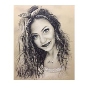 Realistische Bleistiftzeichnung einer Frau mit Haarband und lockigem Haar von Ferhat Tursun.