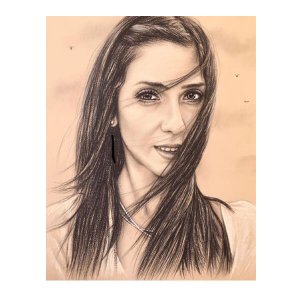 Filigrane Bleistiftzeichnung einer Frau mit wehendem Haar, handgezeichnet von Ferhat Tursun.