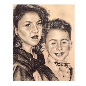 Handgezeichnetes Porträt einer Mutter mit ihrem Sohn (mit Fliege), erstellt von Ferhat Tursun.