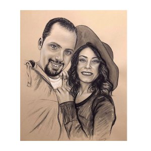 Handgezeichnetes Paar-Porträt einer Frau mit Hut und eines Mannes, erstellt von Ferhat Tursun.