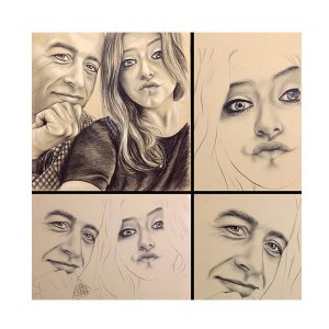 Individuelle Familienporträt-Collage in Bleistiftzeichnung, handgefertigt von Ferhat Tursun.