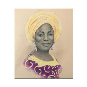 Farbiges Porträt einer Frau mit gelbem Turban und gemustertem Kleid von Ferhat Tursun.