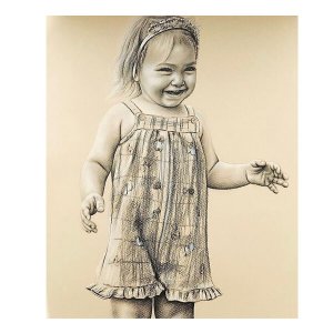 Handgezeichnetes Ganzkörper-Kinderporträt eines kleinen Mädchens von Künstler Ferhat Tursun.